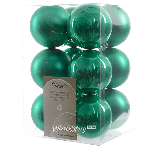 Набор пластиковых шаров Изумрудно-Зеленый 6 см, 12 шт, mix Kaemingk/Winter Deco
