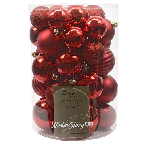 Набор пластиковых шаров Grande Collection - Красный 34 шт, mix Kaemingk