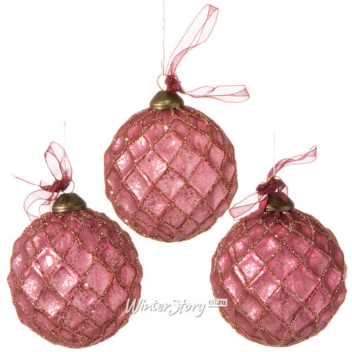 Набор винтажных елочных шаров Грани Красоты 8 см розовые, 3 шт, стекло Kaemingk