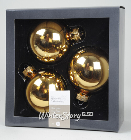 Набор стеклянных шаров 8 см, 3 шт, золото глянец Kaemingk