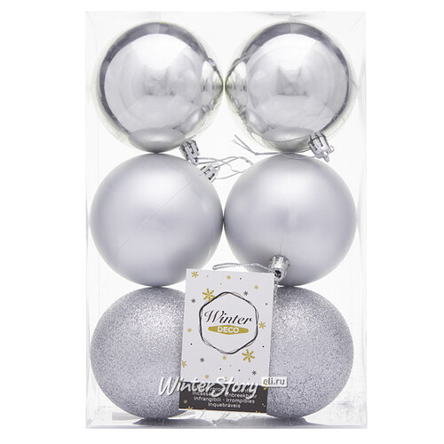 Набор пластиковых шаров Liberty Twist 8 см, 6 шт, серебряный Winter Deco
