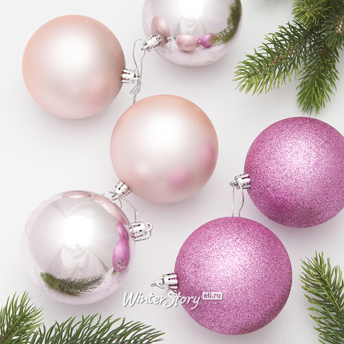 Набор пластиковых шаров Liberty Twist 8 см, 6 шт, светло-розовый Winter Deco