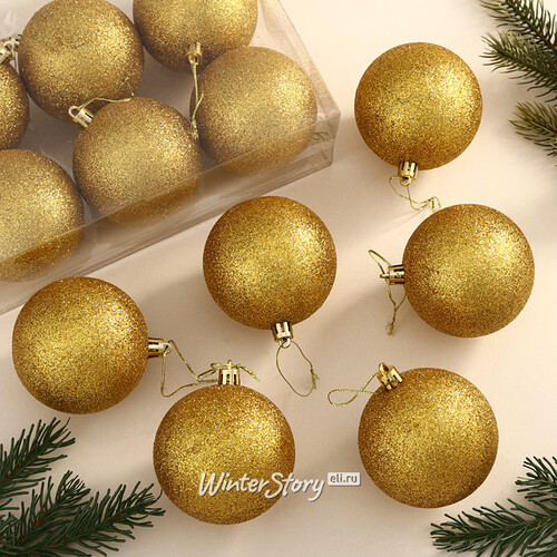 Набор пластиковых шаров Liberty 8 см, 6 шт, золотой с блестками Winter Deco