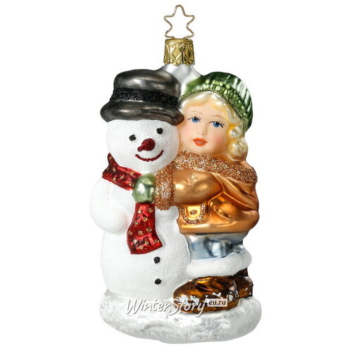 Стеклянная елочная игрушка Девочка Клэри со снеговиком 12 см, подвеска Inge Glas