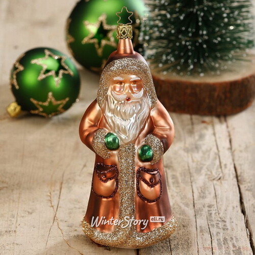 Стеклянная елочная игрушка Дед Мороз в изумрудных рукавичках 17 см, подвеска Inge Glas
