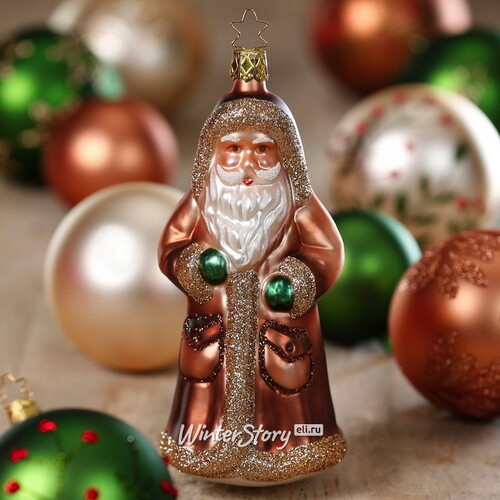 Стеклянная елочная игрушка Дед Мороз в изумрудных рукавичках 17 см, подвеска Inge Glas
