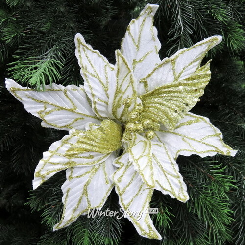 Пуансеттия Stella di Natale - White&Gold 30 см, клипса Edelman