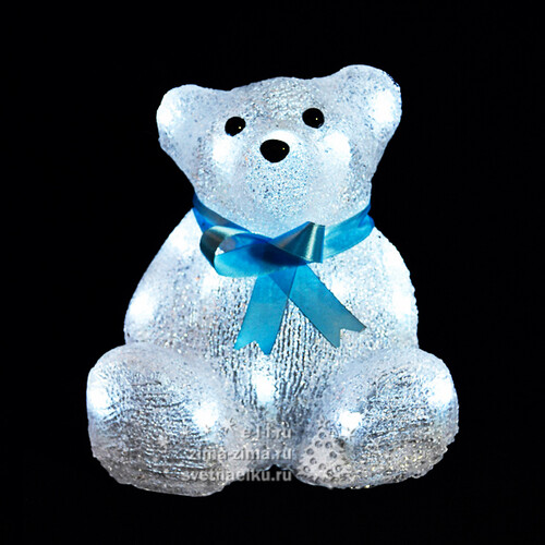 Мишка с голубым шарфом акриловый светящийся, 20 см, уличный, 24 холодных белых LED ламп Царь Елка