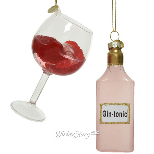 Набор стеклянных елочных игрушек Бутылка и Бокал - Pink Gin Mood 12 см, 2 шт, подвеска Kaemingk