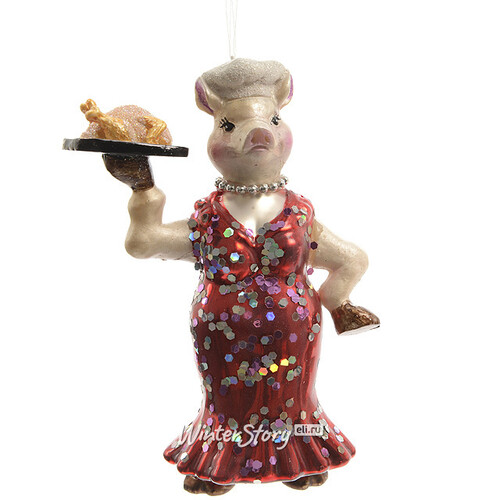 Елочная игрушка Свинки-Поварята в Красном Сарафане 10.5*5*15.5 см, стекло, подвеска Kaemingk