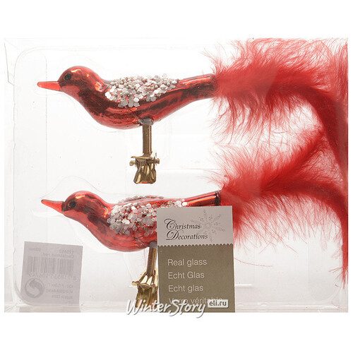 Елочное украшение Птички 9 см красно-серебряные, 2 шт, стекло, клипса Kaemingk