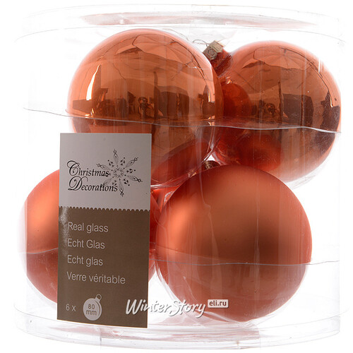 Набор стеклянных шаров 8 см оранжевый шелк mix, 6 шт Winter Deco