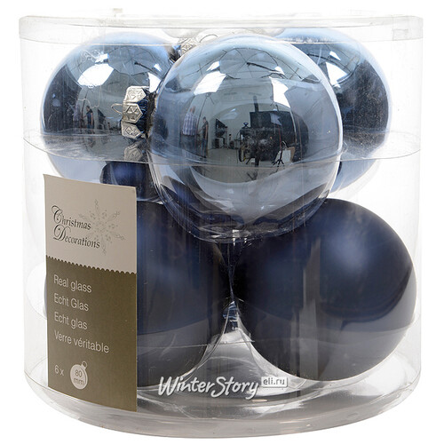 Набор стеклянных шаров 8 см, 6 шт, голубая джинса mix Kaemingk