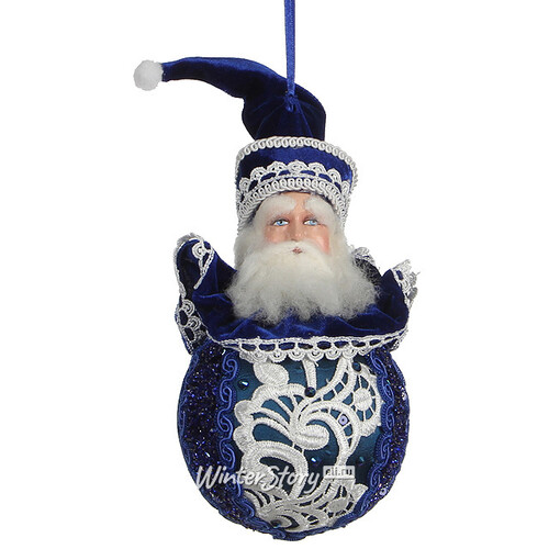 Елочное украшение Лазурный Санта в синем бархатном камзоле с кружевами 20 см, подвеска Katherine’s Collection
