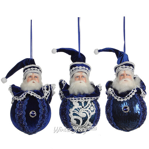 Елочное украшение Лазурный Санта в синем бархатном камзоле с кружевами 20 см, подвеска Katherine’s Collection
