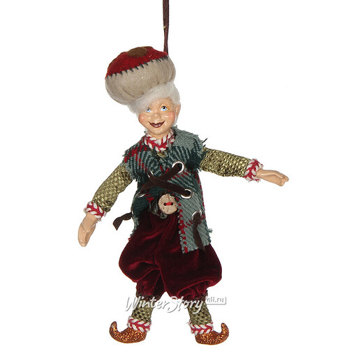 Елочная игрушка Веселый Гномик в бордовых штанах 20 см, подвеска Katherine’s Collection