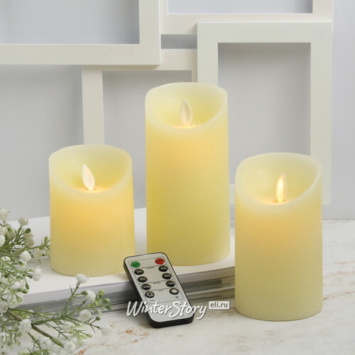 Набор восковых светодиодных свечей с имитацией пламени Magic Flame 11-15 см, 3 шт, с пультом, кремовые, на батарейках Peha