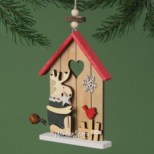 Деревянная елочная игрушка Праздничный домик Оленя с птичкой 15 см, подвеска Breitner