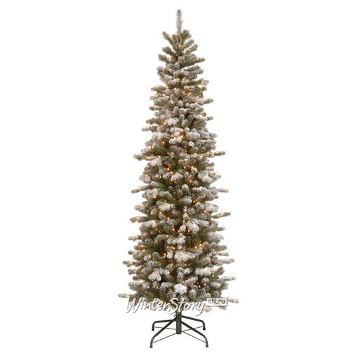 Искусственная елка с гирляндой Шеффилд заснеженная стройная 228 см, 450 теплых белых ламп, ЛИТАЯ + ПВХ National Tree Company