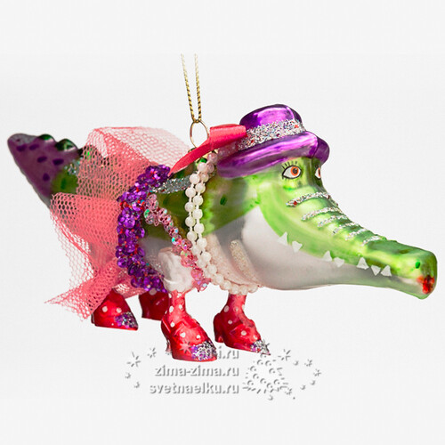 Елочная игрушка "Крокодил в фиолетовой шляпке и розовой юбке", 17*8 см, стекло, подвеска Holiday Classics
