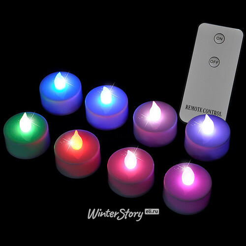 Набор разноцветных светодиодных чайных свечей на пульте управления, 8 шт, МУЛЬТИКОЛОР, батарейка Edelman