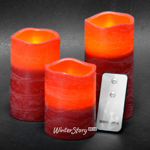 Набор красных восковых мраморных свечей с пультом на батарейках, 3 шт Edelman