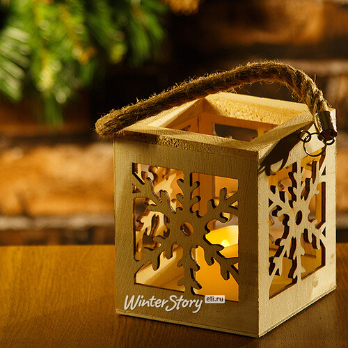 Фонарь деревянный Лесная Сказка со снежинкой, со светодиодной свечой, 10*21 см Kaemingk