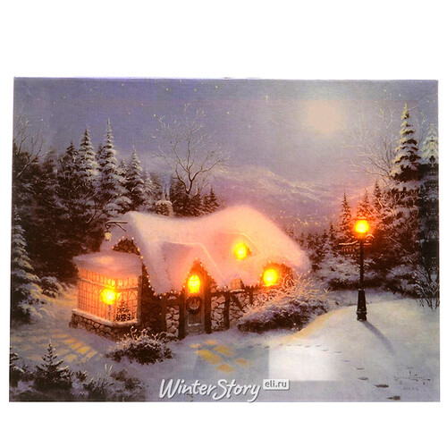 Светодиодная картина "Заснеженный домик", горизонтальная, 40*30 см, 5 теплых белых LED ламп, батарейка Kaemingk