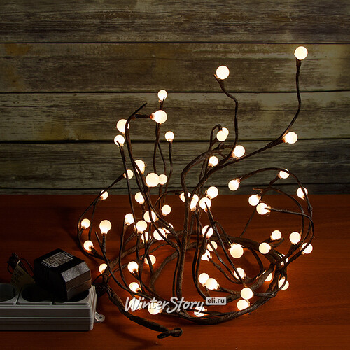 Ветка - лиана Вишенки, 150 см, 64 БЕЛЫЕ LED лампы, маленькие мультишарики Kaemingk