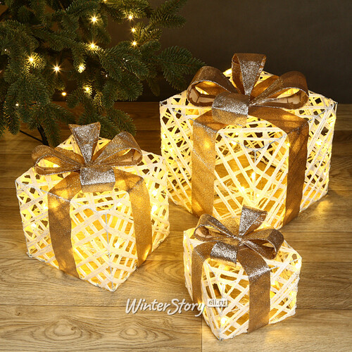 Светящиеся подарки Provence Christmas 15-25 см, 3 шт, теплые белые LED лампы, на батарейках Kaemingk