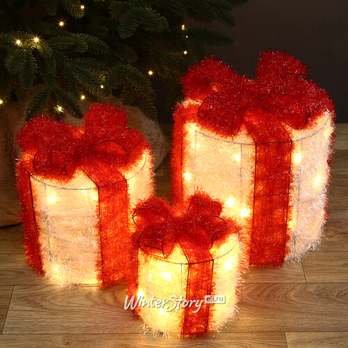 Светящиеся подарки под елку Karo 15-30 см, 3 шт, 30 теплых белых LED ламп, на батарейках, IP20 Kaemingk