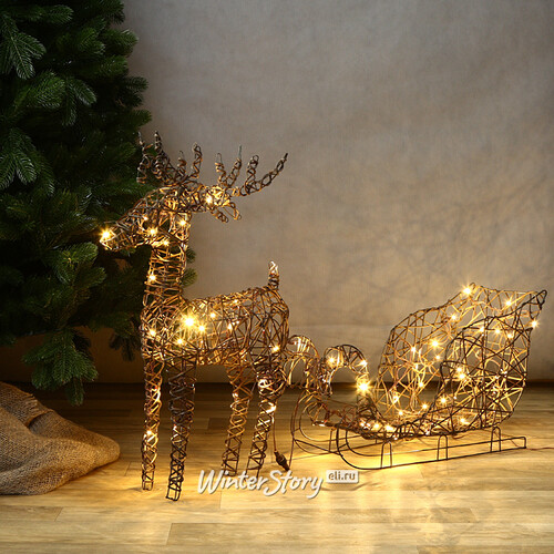 Светящийся олень Рудольф с санями 72 см, 72 теплых белых LED, IP44 Kaemingk