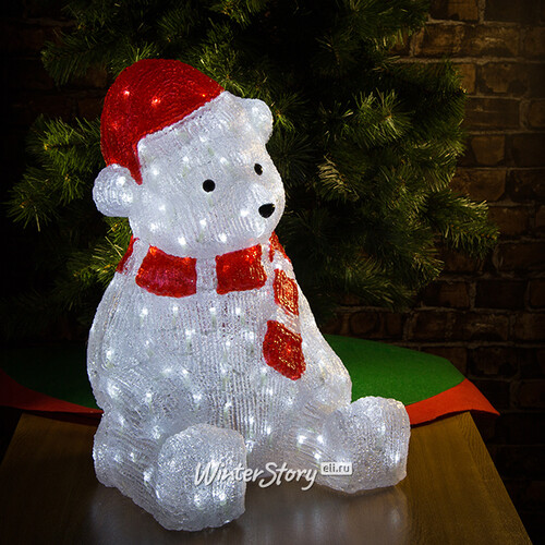 Медведь белый в красном колпаке и шарфе светящийся, 57 см, уличный, акрил, 200 холодных белых LED ламп Kaemingk
