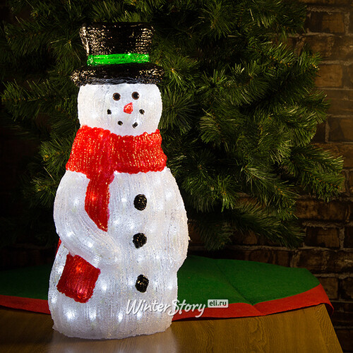Снеговик светящийся в красном шарфе и цилиндре, 60 см, уличный, акрил, 120 холодных белых LED ламп Kaemingk