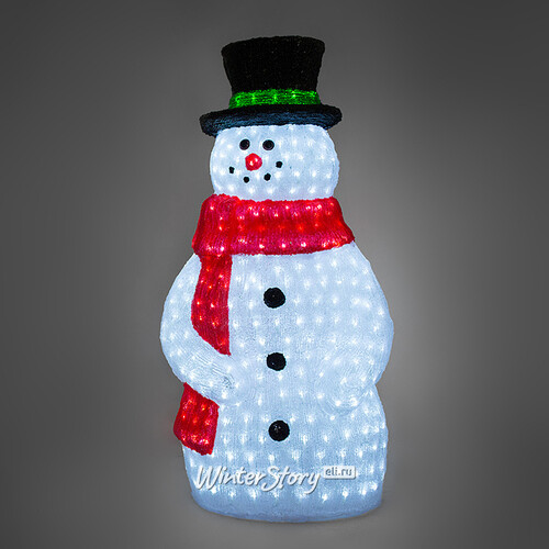 Снеговик светящийся в красном шарфе и цилиндре, 120 см, уличный, акрил, 500 холодных белых LED ламп Kaemingk