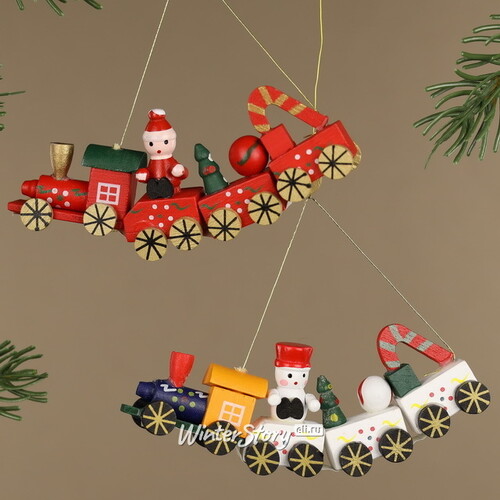 Деревянная елочная игрушка Рождественский Поезд со Снеговиком 12 см, подвеска Breitner