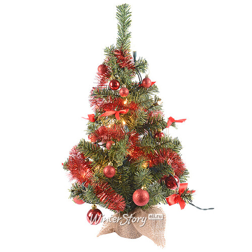 Настольная елка c лампочками Нарядная 61 см с красным декором, 20 теплых белых ламп, ПВХ Kaemingk