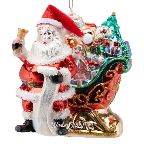 Стеклянная елочная игрушка Санта на волшебных санях - Christmas Periple 13 см, подвеска EDG