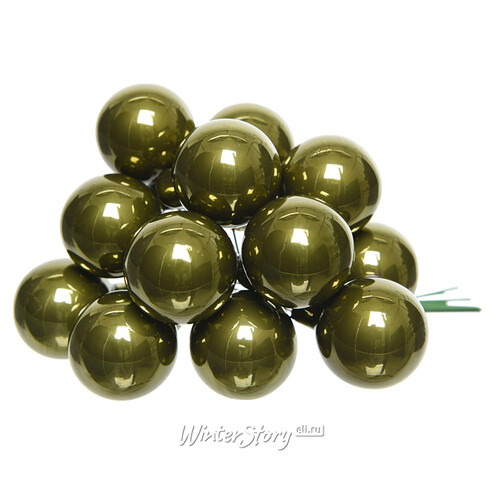 Гроздь стеклянных шаров на проволоке 2 см оливковый бархат глянцевый, 12 шт Kaemingk