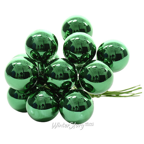 Гроздь стеклянных шаров на проволоке 2.5 см зеленый глянцевый, 12 шт Kaemingk