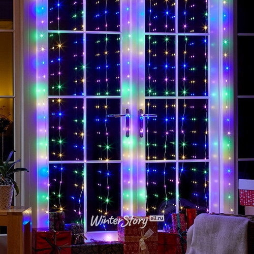 Светодиодная гирлянда на окно Роса Бриллиант 3*3 м, 300 разноцветных мини LED ламп, серебряная проволока, с пультом, IP20 Serpantin