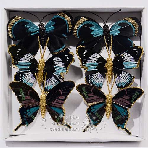 Елочное украшение "Бабочка Махаон" из перьев, 8 см, 6 шт Kaemingk