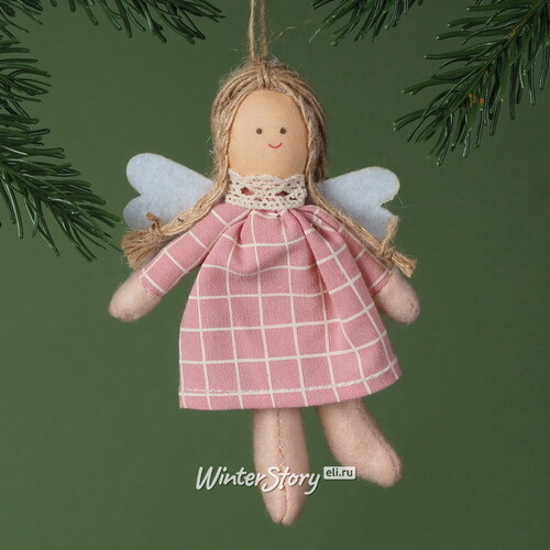 Ёлочная игрушка Ангел Юми в розовом клетчатом платьице 13 см, подвеска Breitner