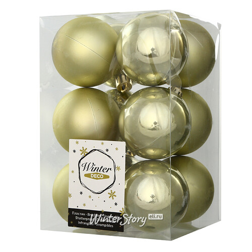 Набор пластиковых шаров Нежно-оливковый 6 см, 12 шт, mix Winter Deco