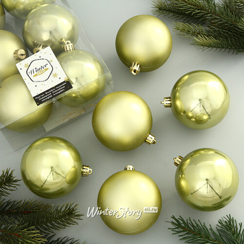 Набор пластиковых шаров Нежно-оливковый 8 см, 6 шт, mix Winter Deco
