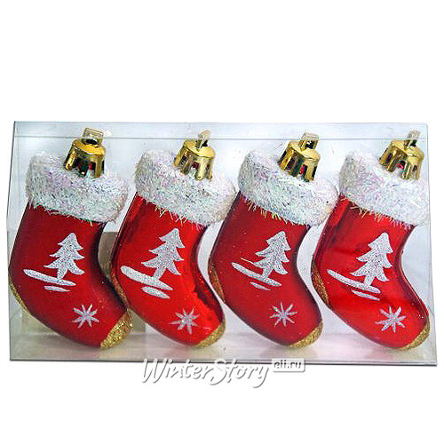 Елочная игрушка Красный подарочный носочек, 10 см, 4 шт, подвеска Новогодняя Сказка