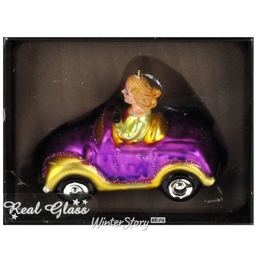 Стеклянная елочная игрушка Девушка на Машинке 13*10*6 см розовая, подвеска Koopman