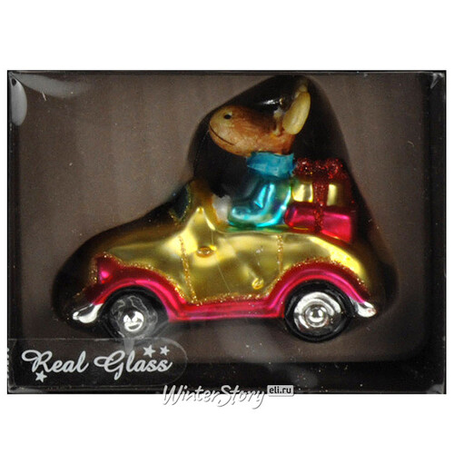 Стеклянная елочная игрушка Лось на Машинке 13*10*6 см желтый, подвеска Koopman