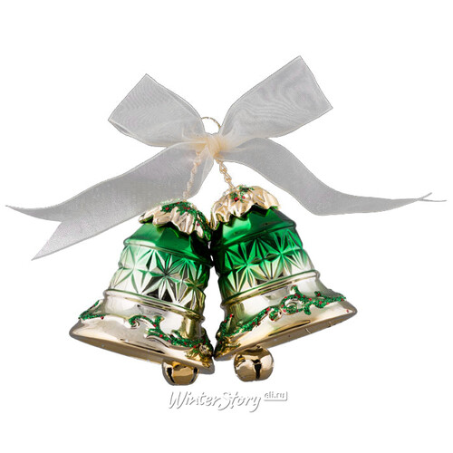 Елочное украшение Колокольчики Хрустальные с Бантиком 10*6 см зеленые с золотом Holiday Classics