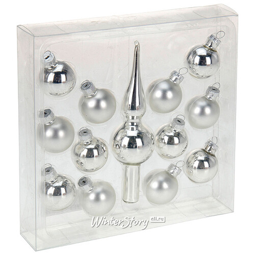 Набор серебряных стеклянных шаров 3 см с верхушкой для настольной елки Koopman